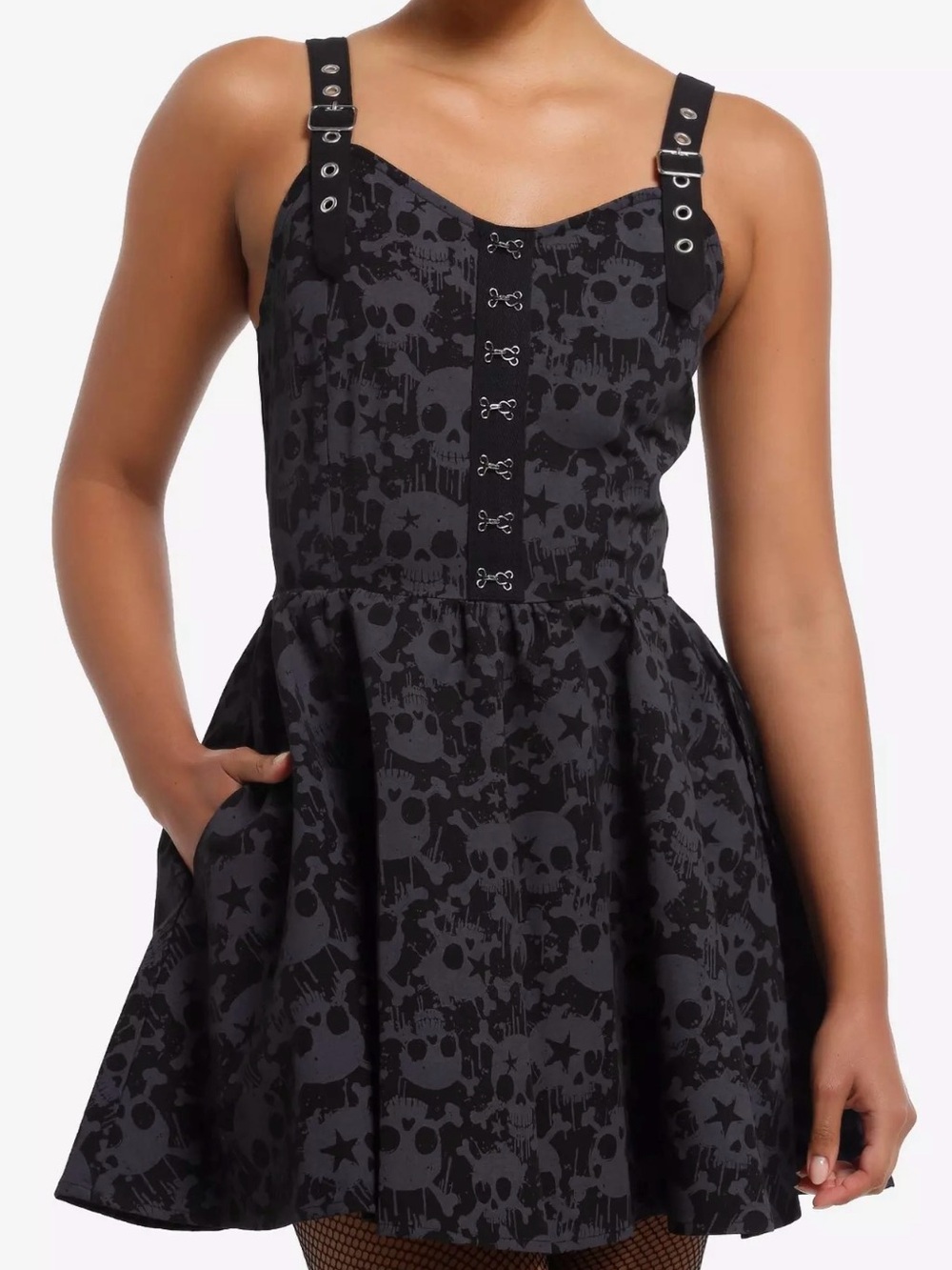 Hot Topic Black & Grey Skull Grommet Strap Mini Dress